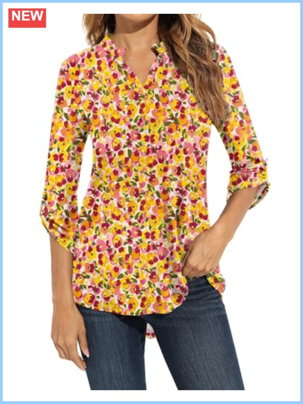 Womens Floral Tunic Top 3/4 Roll Sleeve Notch Neck Loose Fit Blouse